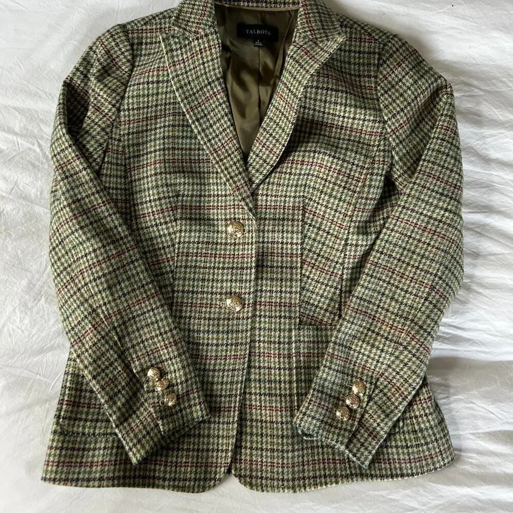 NWOT Talbots plaid wool blend blazer with gold buttons size 2 S